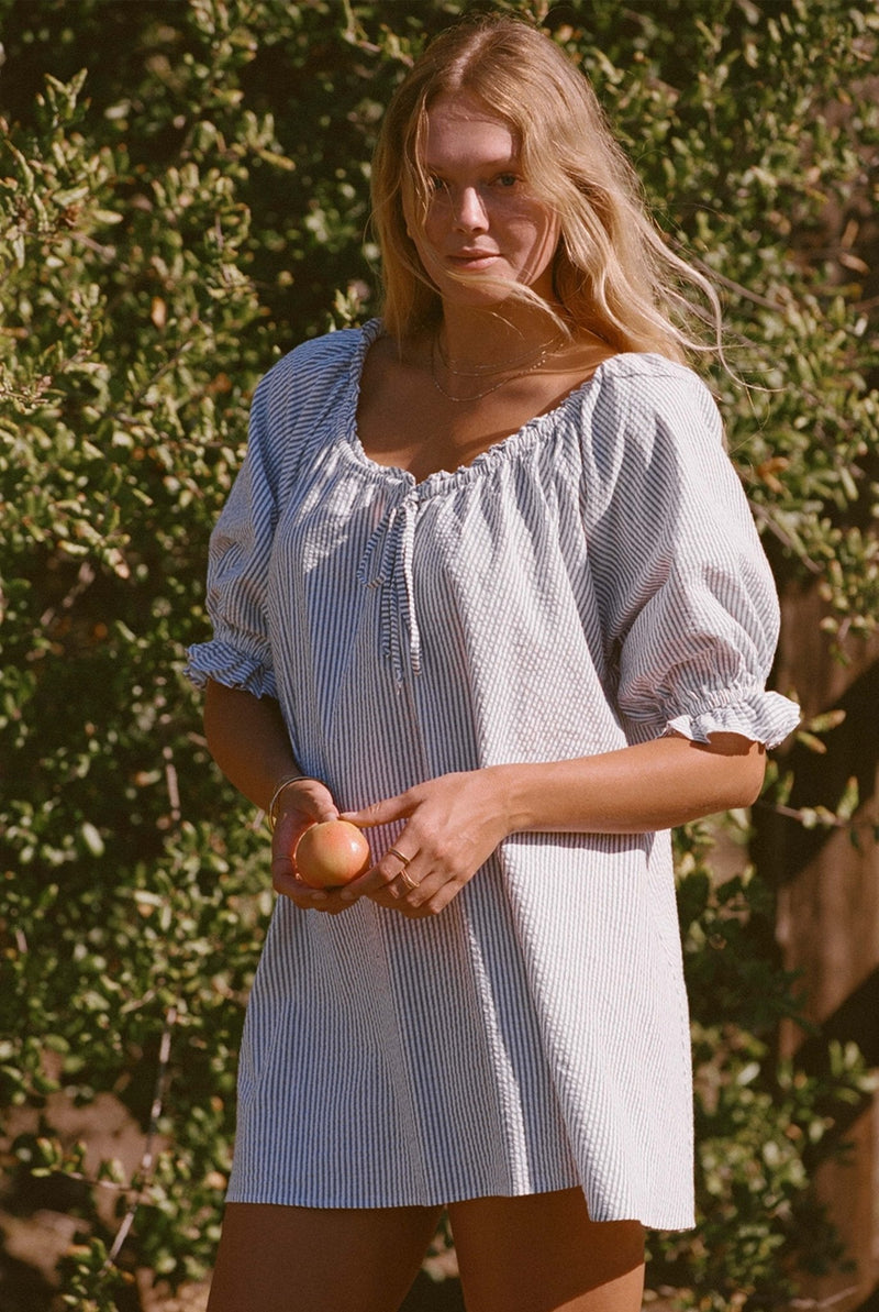Pinstripe Dress - Portofino Dress - Blue and White Seer Sucker Dress