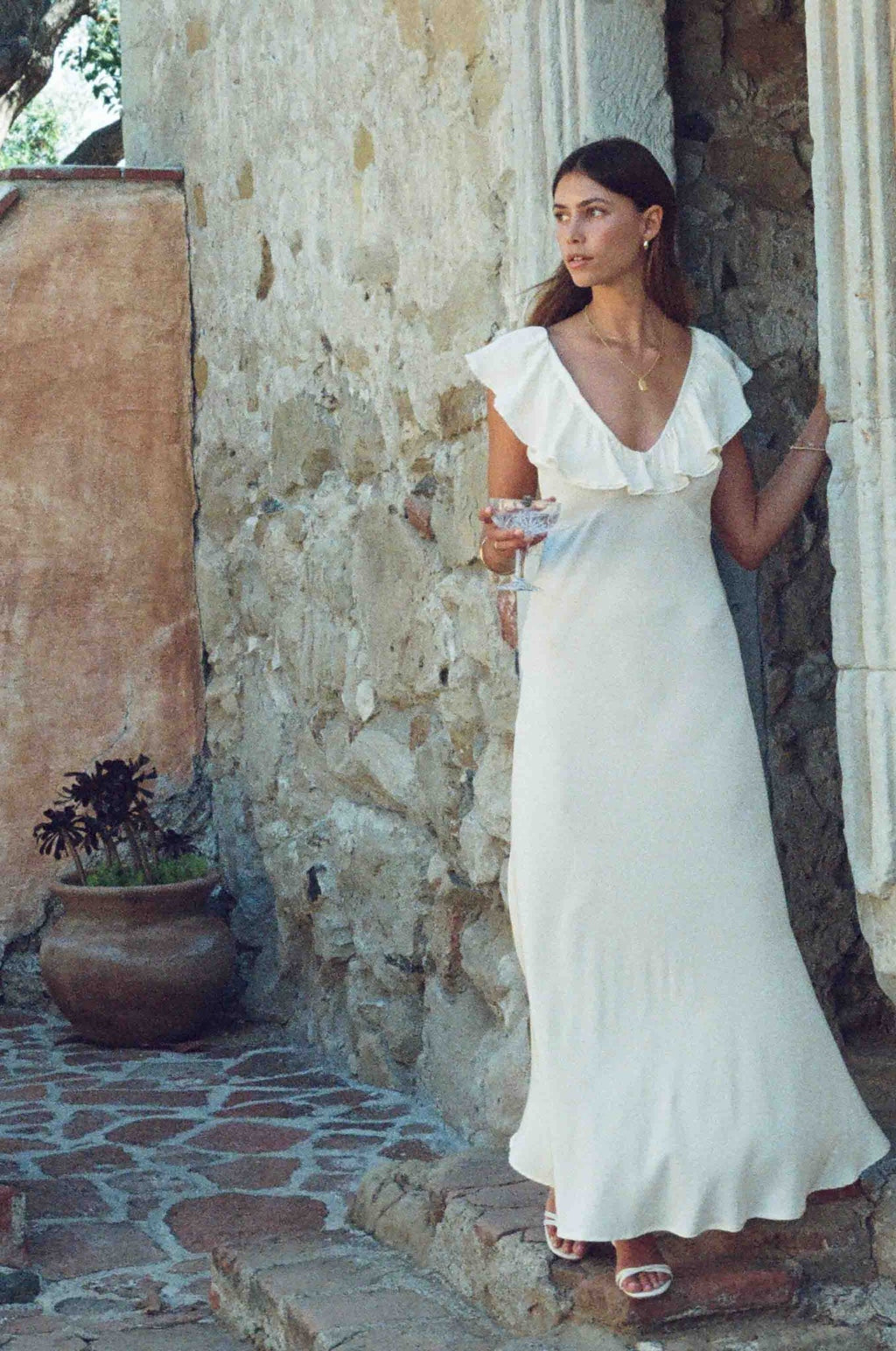 Florence Dress - Ivory Silk Dress With Neckline Lace Trim - MERRITT CHARLES