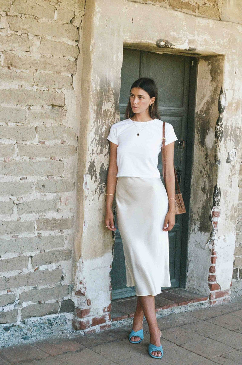 High waisted white silk skirt 2025