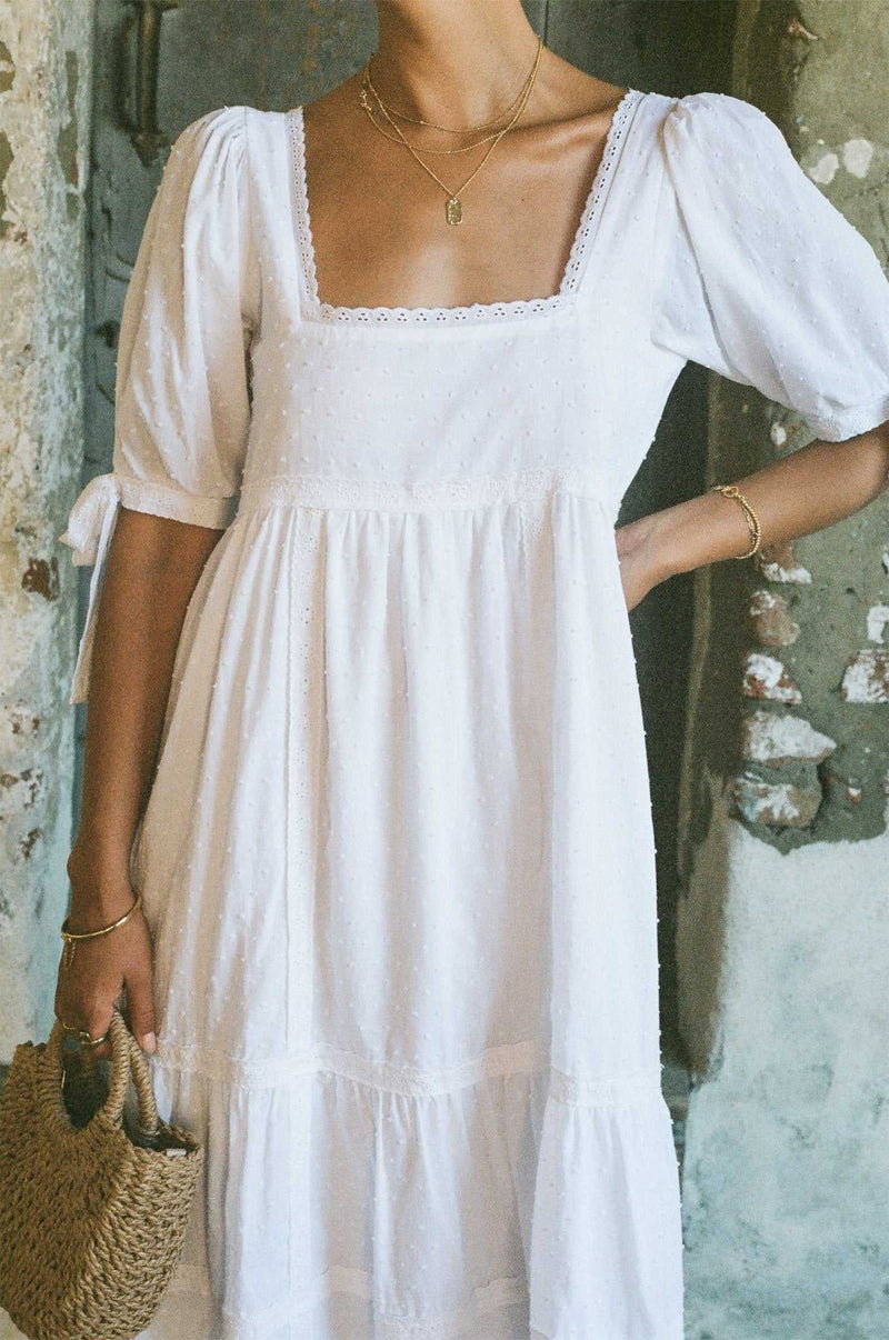 White Lace Dress - Elegant Swiss Dot Cotton Dress with Lace Trim White Lace Dress - Elegant Swiss Dot Cotton Dress with Lace Trim