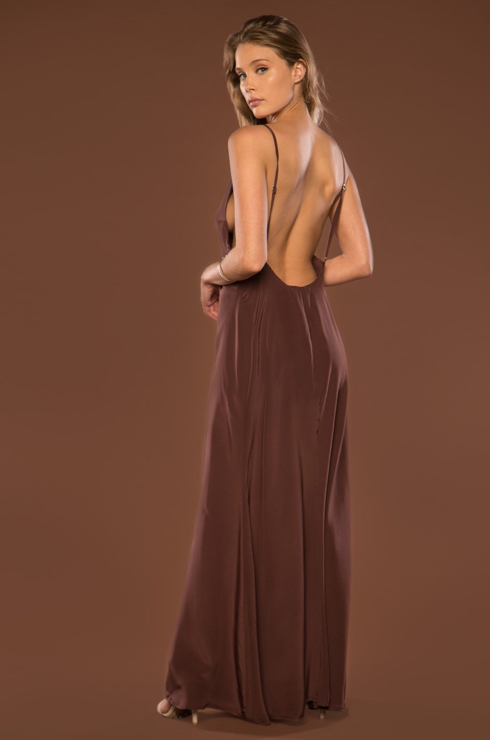 Pacino Gown vintage-inspired silk gown with low back and side slit in black Zinfandel color