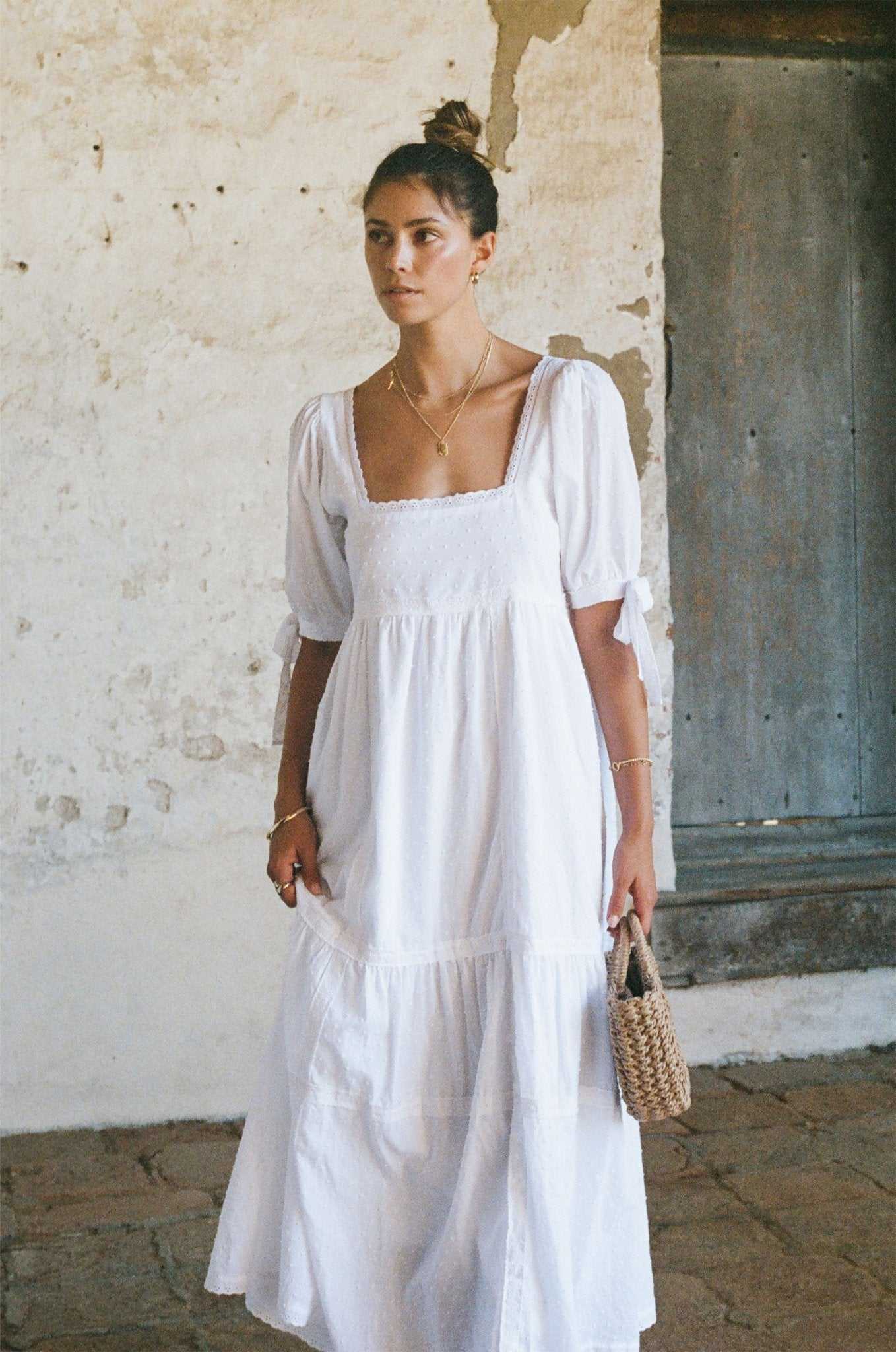 White Lace Dress - Elegant Swiss Dot Cotton Dress with Lace Trim White Lace Dress - Elegant Swiss Dot Cotton Dress with Lace Trim